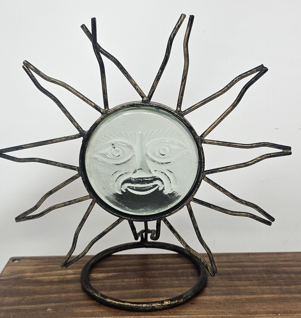 Vtg Celestial Metal Standing Glass Sunburst Face Candle Holder 10" Sun Catcher